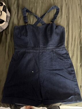 Dark Blue Denim Romper with Cross-Back Straps